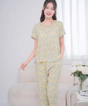 Bộ lanh dáng lửng xếp bèo cổ có lé, đồ bộ mặc nhà cao cấp Selen