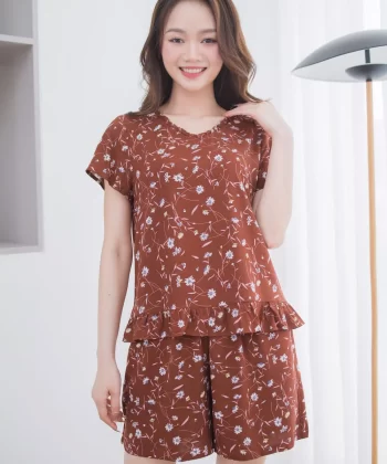Bộ mặc nhà chất lanh tre dáng quần đùi tay cộc cổ tim bèo Selen