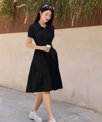 Đầm polo can eo, chân 2 lớp dáng A chất vải waffle mềm mại, thấm hút