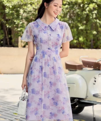 Đầm xoè hoa nhí chất tơ thiết kế cổ đức tay cánh tiên