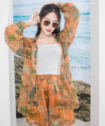 Set tơ hoa sơ mi quần đùi thoáng mát - Tặng kèm áo 2 dây tăm lạnh