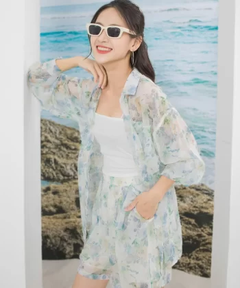 Alternative view of Set tơ hoa sơ mi quần đùi thoáng mát - Tặng kèm áo 2 dây tăm lạnh