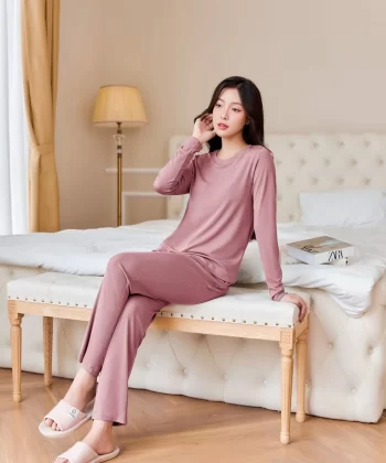 Alternative view of Bộ thu đông mặc nhà chất tăm Hàn quần dài tay dài cổ tròn