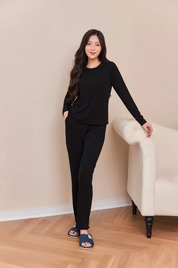 Bộ thu đông mặc nhà chất tăm Hàn quần dài tay dài cổ tròn